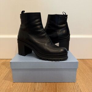 Prada Women’s Black Lambskin Leather Chunky Heel Ankle Boots Size 40.5